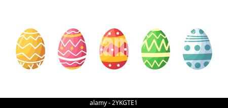 Happy Easter holiday colorful eggs set. Traditional spring religious Passover celebration decorative icons design. Christian holiday ornament elements. Colorful Paschal festive symbol collection Stock Vector
