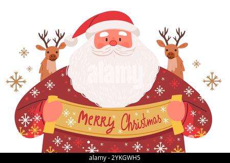 Santa Claus holding festive banner surrounded by reindeer and snowflakes in a cheerful holiday theme. Bright colors and playful design Stock Vector