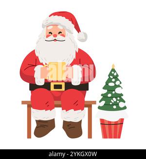Santa Claus drinking hot cocoa festive scene. Santa in red suit holding mug sitting on bench next to small snow-covered Christmas tree. Holiday design Stock Vector