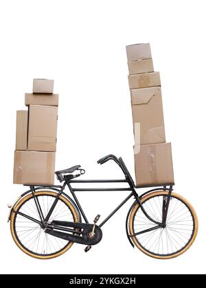Vintage black cargo transport bicycle loaded with cardboard parcels and boxes isolated on a white background Stock Photo