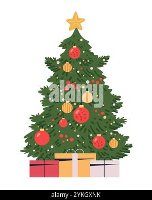 Christmas tree decorated festive ornaments colorful baubles star on top surrounded by gift boxes green branches holiday celebration seasonal design Stock Vector