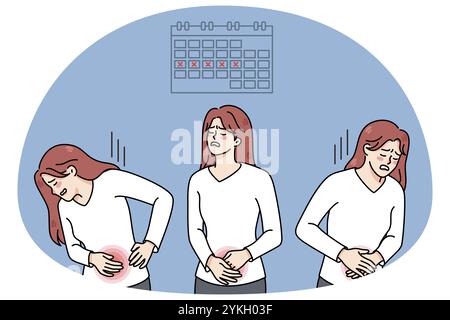 Unhealthy woman suffer from painful menstruation. Unwell female struggle with stomach ache during periods, need painkiller. Feminine health concept. V Stock Photo