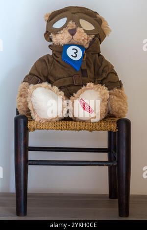 Vintage Racing Jaguar Teddy Bear soft cuddly toy sitting on stool Stock Photo