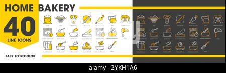 Home bakery and pastry line icons and cooking or baking pictograms, outline vector. Wheat flour and dough with ingredients and utensils for bread or pastry baking instruction with cooking time icons Stock Vector