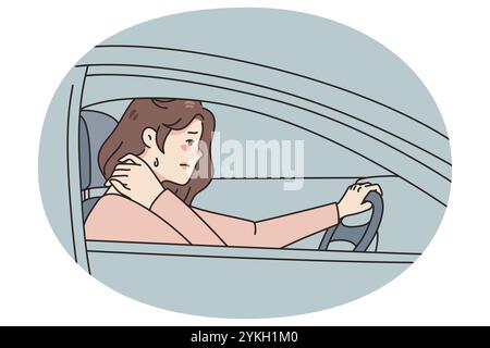 Unhealthy woman driving suffering from neck spasm from sedentary position. Unwell tired female driver struggle with backache or pain, have muscle stra Stock Photo