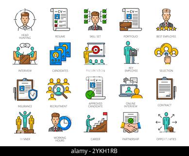 Job search and recruitment color line icons. Human resource, career and head hunting vector outline symbols with candidate profiles, contract and CV, HR and interview, business people and employees Stock Vector