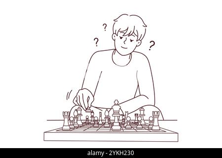 Young man feel frustrated think playing chess at home. Millennial guy involved in game on chessboard. Hobby concept. Vector illustration Stock Photo