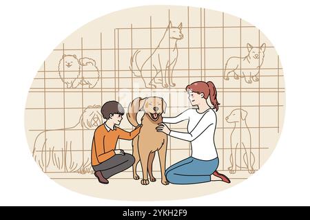 Happy mother and son caress dog adopt animal from shelter. Smiling mom and child take pet from animal center for homeless dogs. Puppy adoption. Vector Stock Photo