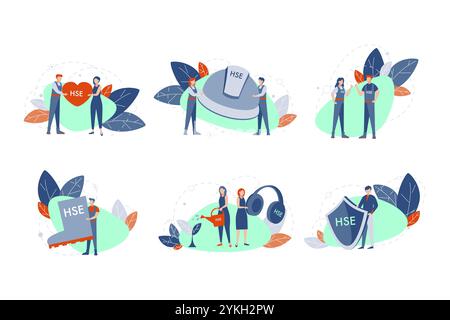 Health, safety, environment set concept. Young men women demonstrate helmet, shield, boot and heart with HSE abbreviation. Symbols of modern problem o Stock Photo