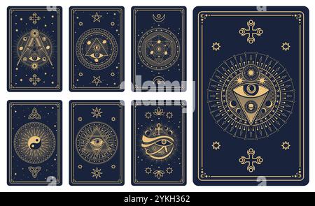 Magic tarot cards with astrological, occult, mystical symbols. Vector boho style witchcraft, spiritual cards with esoteric golden signs of pyramid, cross, all-seeing eye, stars and celestial patterns Stock Vector