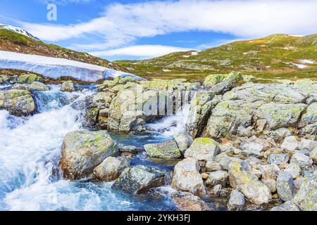 Beautiful Storebottane river by the vavatn lake with snow in the summer landscape in Hemsedal Norway Stock Photo