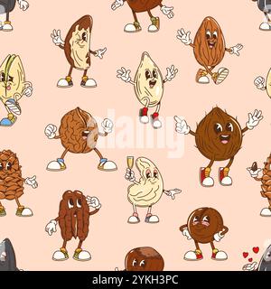 Nut groovy characters seamless pattern. Vector tile tile background featuring playful brazilian nut, walnut, coconut, cashew and macadamia with pumpkin seed or hazelnut personages with funky vibes Stock Vector