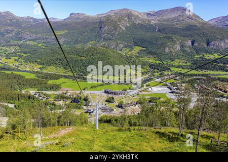 Ski lift panorama Norway, Hemsedal Skicenter with Mountains in Hemsedalis, Viken Stock Photo