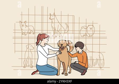 Happy mother and son caress dog adopt animal from shelter. Smiling mom and child take pet from animal center for homeless dogs. Puppy adoption. illust Stock Photo