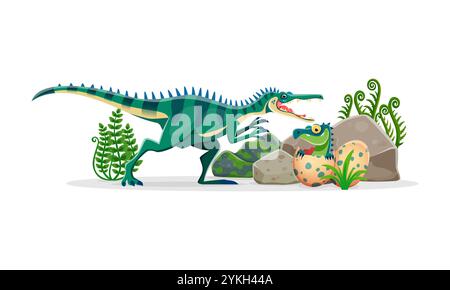 Prehistoric Baryonyx dinosaur cute character. Extinct reptile, paleontology animal or Jurassic era dinosaur funny cartoon vector personage. Prehistoric lizard comic character with cheerful baby in egg Stock Vector