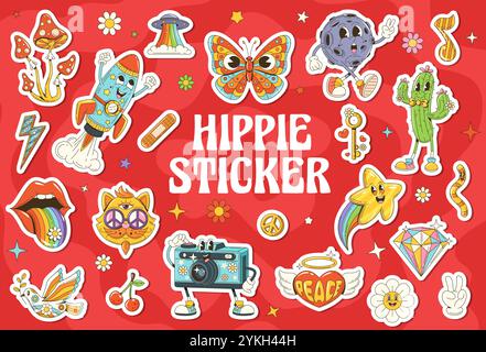 Retro groovy stickers of cartoon hippie characters. Vector hippy daisy flowers, rainbow butterfly, mushroom, rocket and UFO. Funky groovy star, planet, hippie peace symbol and vintage camera emoji Stock Vector