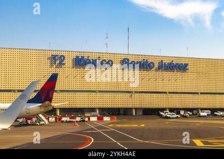 Aircraft at the airport Building and runway Aeropuerto Internacional Benito Juarez in Penon de los Banos Venustiano Carranza Mexico City Mexico Stock Photo