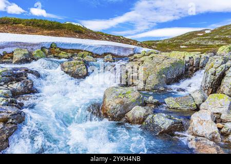 Beautiful Storebottane river by the vavatn lake with snow in the summer landscape in Hemsedal Norway Stock Photo