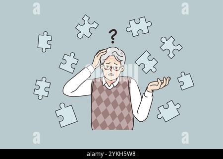 Frustrated old man suffer from dementia loss memory. Confused senior male struggle with Alzheimer disease. Elderly healthcare and medicine concept. Fl Stock Photo