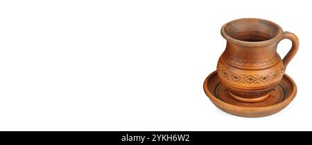 Clay mug Isolated on white background. Free space for text. Wide photo. Stock Photo