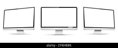 Three monitor with empty display, realistic set device screen mockup. Vector illustration. Stock Vector