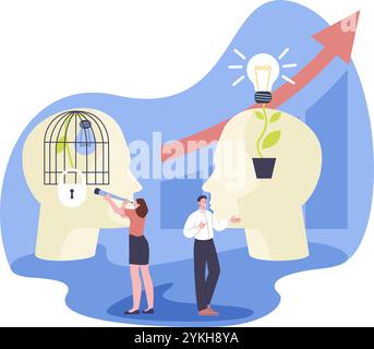 Fixed vs growth mindset. Human heads with ideas and cage, conservative and creative mind. Different psychological types, kicky vector scene Stock Vector