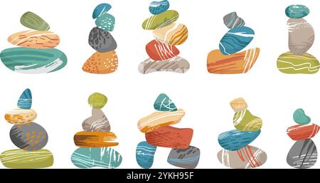 Balance stone pyramids. Isolated pebble pyramide, zen stones piles for spa and wellness. Harmony metaphor, calm mind and relax, neoteric vector set Stock Vector