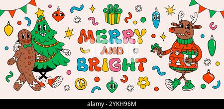 Groovy merry and bright christmas stickers with deer, Christmas tree, gingerbread man, gift, and other design elements in retro vintage cartoon style Stock Vector