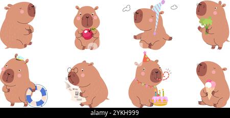 Cute capybara. Fatty funny capybaras, rodent eat apple and broccoli. Adorable children mascots, cartoon wild animals characters nowaday vector clipart Stock Vector