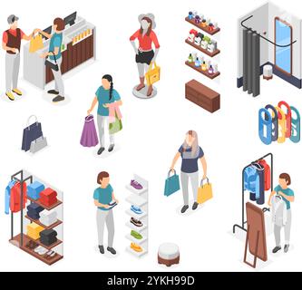 Isometric clothing store elements. Fitting cabin, mannequin, stands with accessories and glasses. Shoppers and sellers, boutique flawless vector set Stock Vector