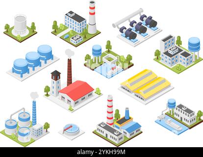 Isometric industrial buildings. Factory, plants building with pipes and ladders. Various tanks chimneys warehouse. Flawless industry vector elements Stock Vector