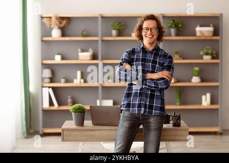 Happy Freelancer Hipster Guy Standing Posing In Modern Office Stock Photo