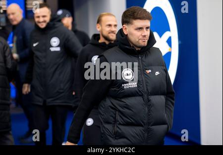 Brighton and Hove Albion v Manchester City - Premier League match at the American Express Community Stadium, Brighton. Saturday Saturday 9th November 2024 -  Brighton head coach Fabian Hurzeler looking confident before kick off.  Editorial use only. No merchandising. For Football images FA and Premier League restrictions apply inc. no internet/mobile usage without FAPL license - for details contact Football Dataco Stock Photo