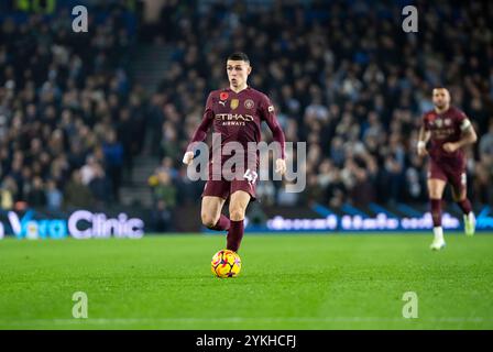 Brighton and Hove Albion v Manchester City - Premier League match at the American Express Community Stadium, Brighton. Saturday Saturday 9th November 2024 - Manchester City’s Phil Foden in action.Editorial use only. No merchandising. For Football images FA and Premier League restrictions apply inc. no internet/mobile usage without FAPL license - for details contact Football Dataco Stock Photo