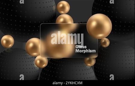 Glass morphism effect. Gold gradient circles on black background. Realistic glass morphism matte plexiglass shape. Vector illustration Stock Vector