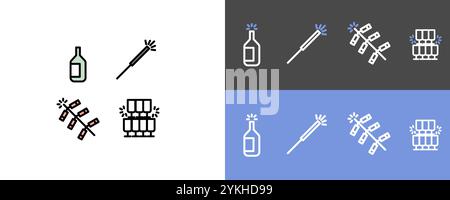 New year symbol set - firelight, firework, firecracker and champagne icon symbols Stock Vector