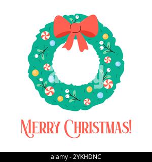 Merry Christmas greeting card. Cute Christmas wreath and text. Simple square vector illustration with Xmas greetings. Stock Vector