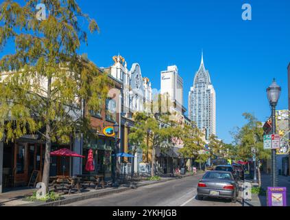 Stores and restaurants on Dauphin Street in downtown Mobile, Alabama, USA Stock Photo