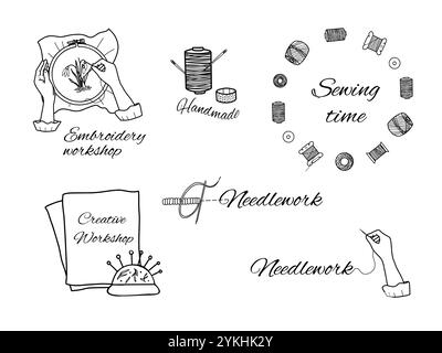 Set of Embroidery, Sewing and Creative Workshop Classes Logos. Spool of Threads, Accessories for seamstress, embroidering Female Hands. Hand drawn Stock Vector