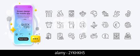 360 degrees, Approved agreement and Verification person line icons for web app. Phone mockup gradient screen. Pack of Food, Friends couple, Alarm cloc Stock Vector