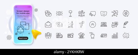 Cogwheel, Floor lamp and Graph chart line icons for web app. Phone mockup gradient screen. Pack of Smile face, Mail, Magic wand pictogram icons. Swipe Stock Vector