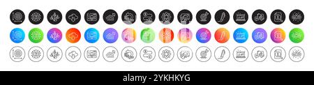Execute, Search and Teamwork line icons. For web app, printing. Round icon buttons. Vector Stock Vector