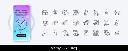 Certificate, Fake news and Money line icons for web app. Pictogram icon. Phone mockup gradient screen. Vector Stock Vector