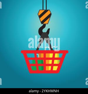 Red shopping basket with paper bags hanging on a crane hook Stock Vector