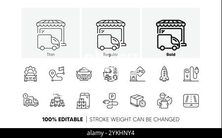 Delivery timer, Car service and Rocket line icons. Pack of Gps, Charging station, Delivery truck icon. Gas station, Charging parking, Boxes pallet pic Stock Vector