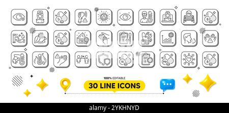 Clean hands, Health eye and Electronic thermometer line icons pack. 3d design elements. Coronavirus statistics, Biotin vitamin, Farsightedness web ico Stock Vector