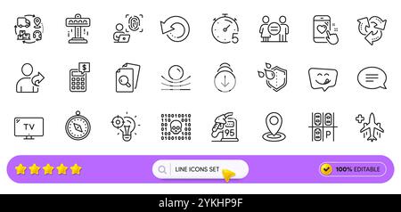 Inspect, Timer and Equality line icons for web app. Pictogram icon. Line icons. Vector Stock Vector