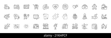 Vr, Calendar and Journey line icons. For web app, printing. Line icons. Vector Stock Vector