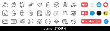24 hours, Electricity and Qr code line icons pack. For web app. Social media icons. Vector Stock Vector