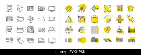 Computer components line icons. Set of Motherboard, CPU and Internet, usb cables. Design elements. Vector Stock Vector